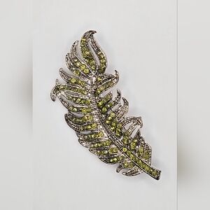 Brooch Silvertone & Green Feather or Palm Frond 2" X 1.25" Modern